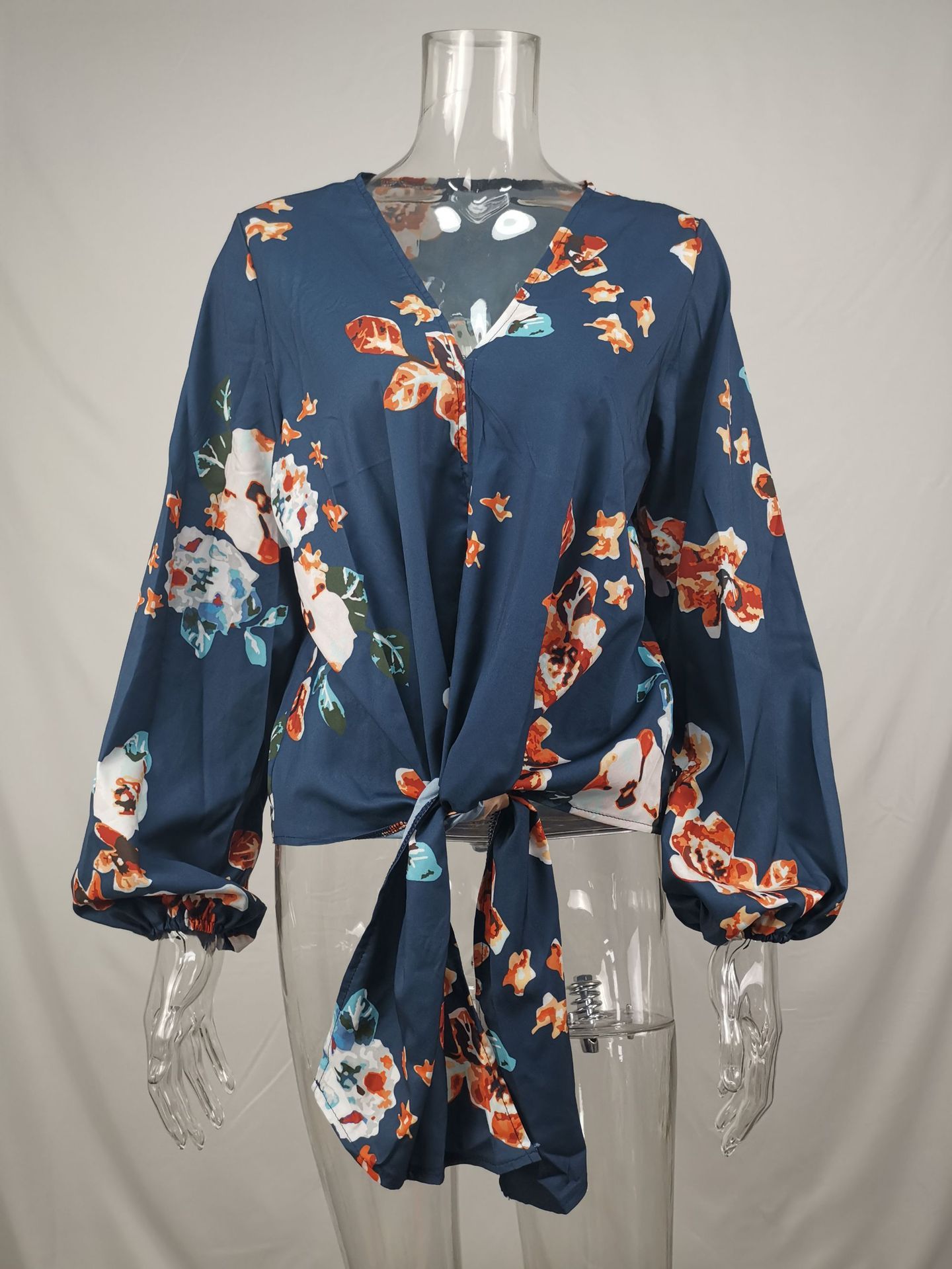 Fashion Shirt V-neck Long Sleeve Knotted Vintage Print Top For Women