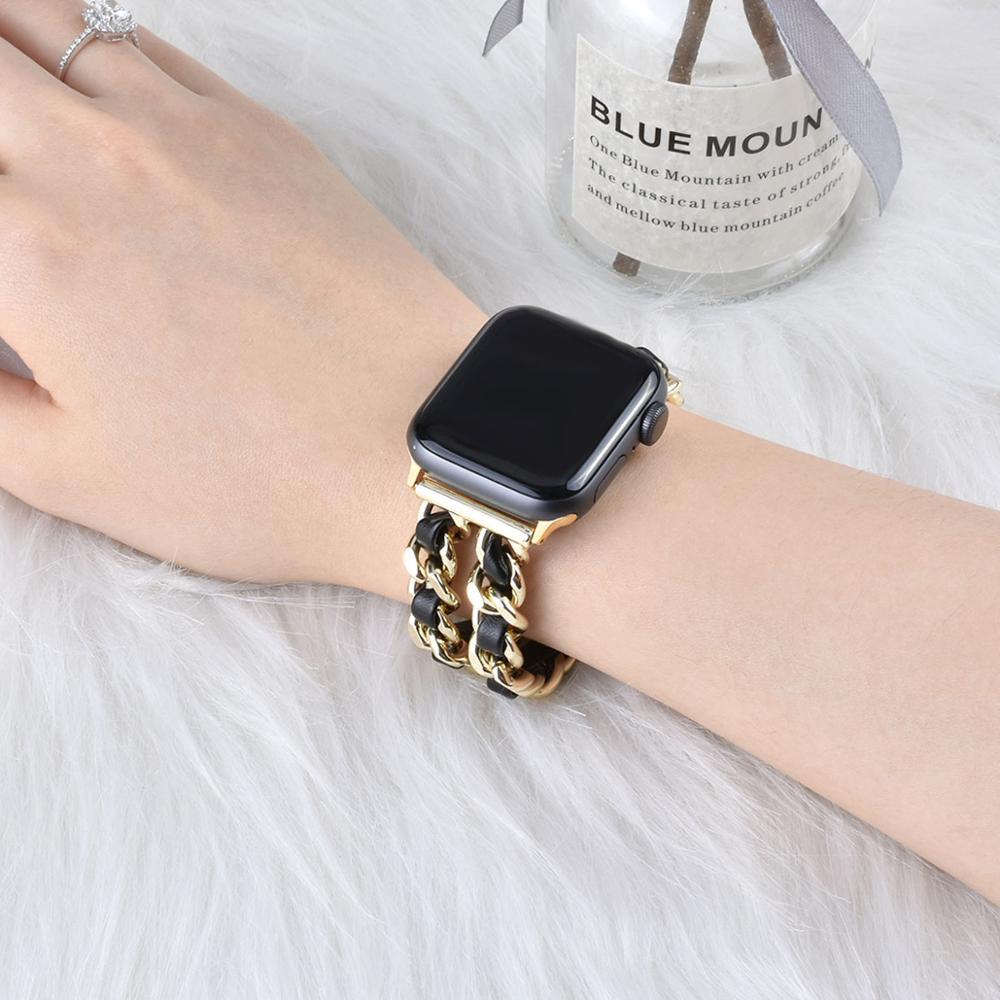 Compatible with Apple, Strap Cuban Link Bracelet IWatch Leather  Metal Strap