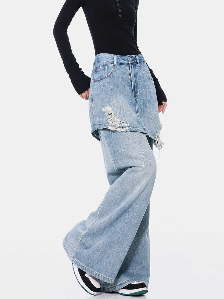 Vintage Blue Washed Fake Two-piece Jeans For Women Ripped Straight Pants