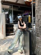 Worn Looking Washed-out Jeans Women's Loose Straight Wide Leg Slippers