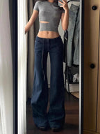 Retro Low Waist Draping Washed Wide-leg Jeans Women