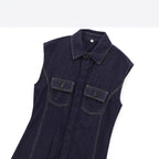 European And American Style Fashion String Decoration Lapel Sleeveless Denim Shirt