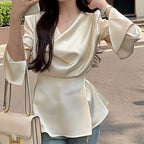 High-end Irregular Bell Sleeve Waist-tight Graceful Satin Long Sleeve Shirt