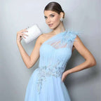 Blue One-shoulder Feather Wedding Dress