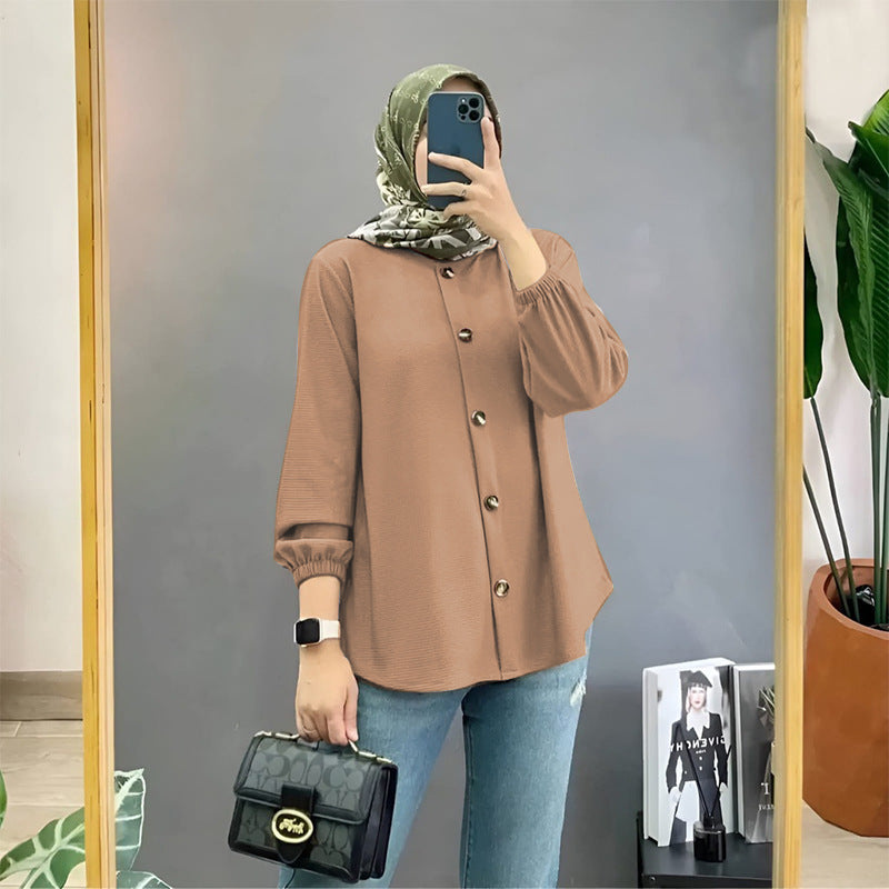 Muslim Ice Silk Wrinkle Stand-up Collar Literary Vintage Cardigan Loose Shirt Women