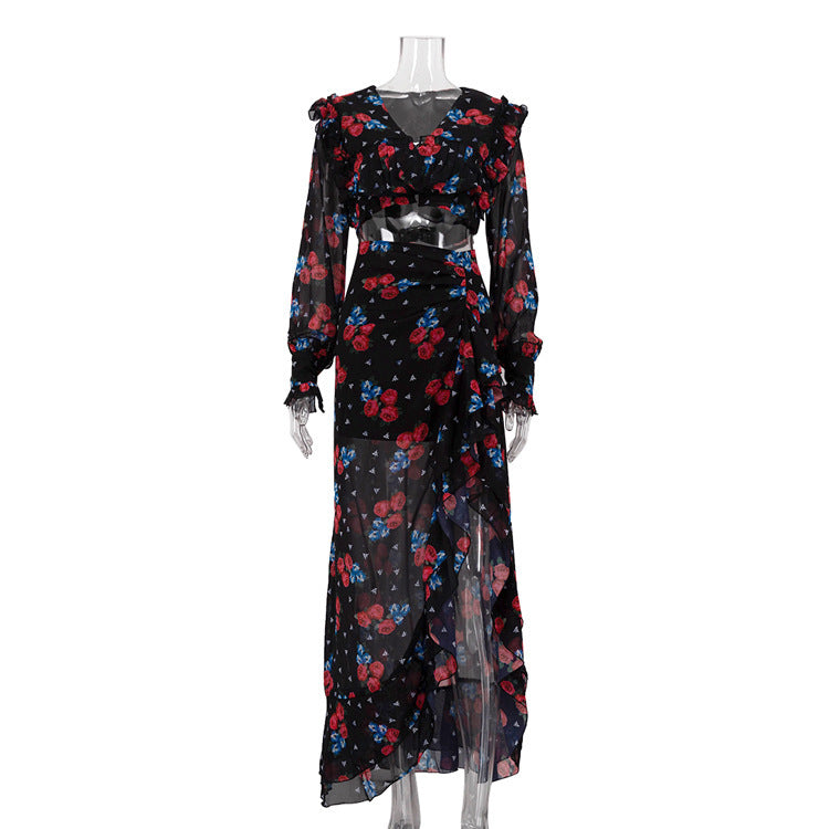 Printed Long Sleeve Short Top Design Ruffled Slit Sheath Skirt Two-piece Set