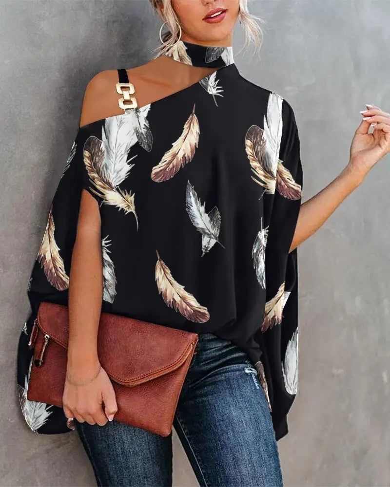 Wear Halter Shawl Printed Elegant Short Sleeve Bat Shirt