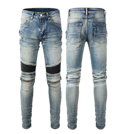 Leather Patched Holes, Elastic Slim Fitting Jeans For Men