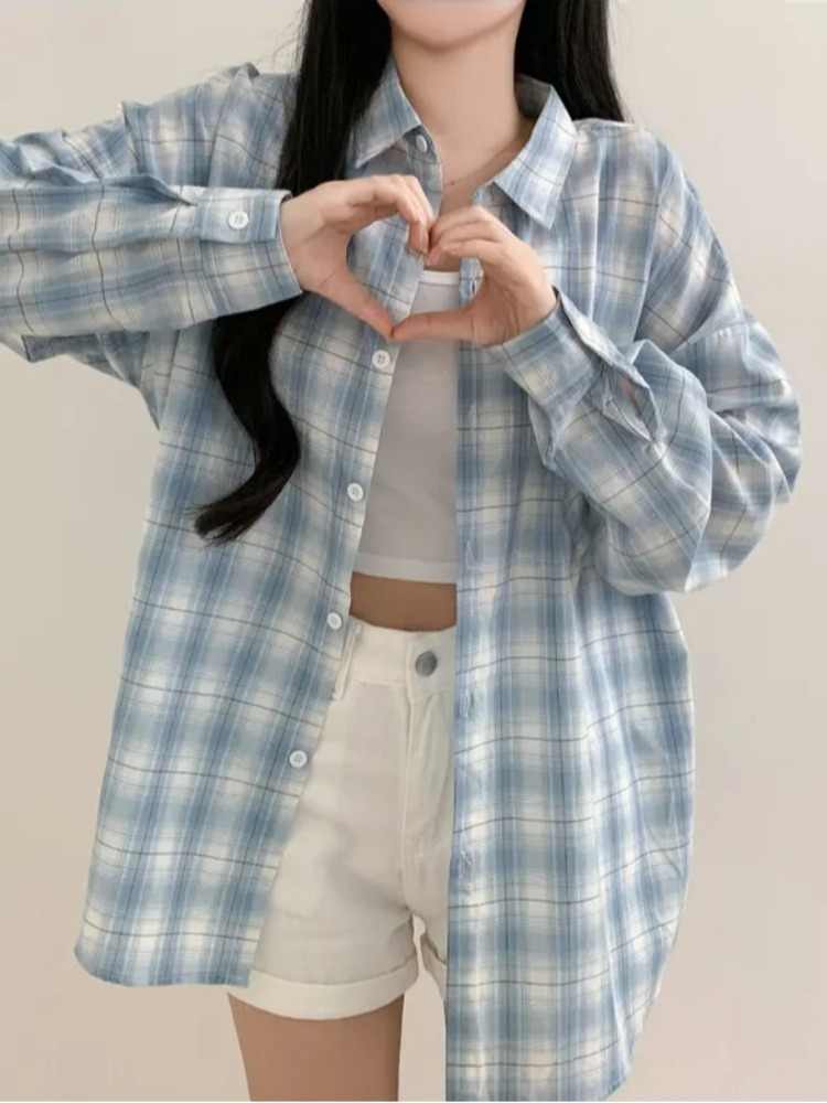 Blue Plaid Shirt For Women Loose Long Sleeve Jacket